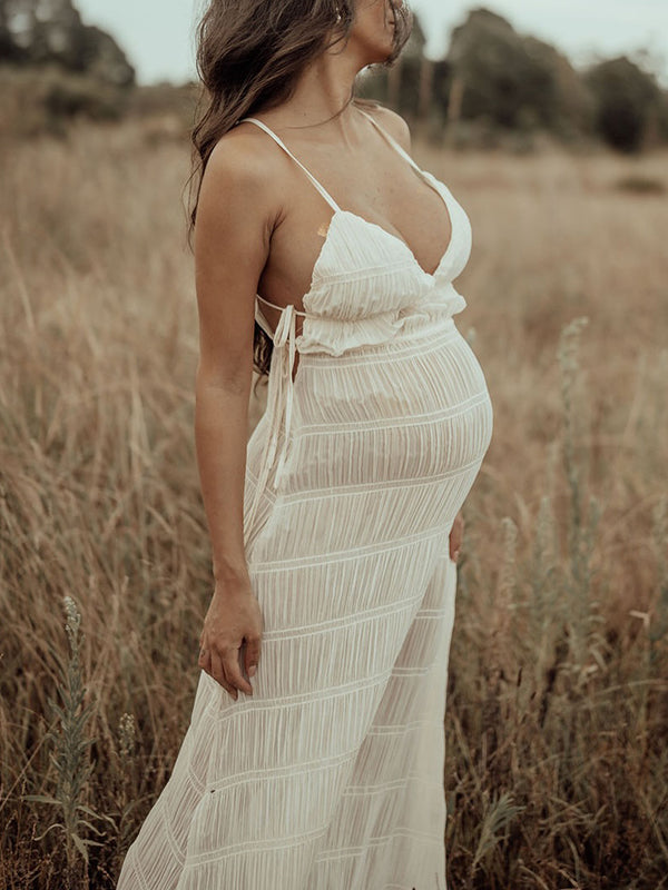 Beaumama robes photo longue grossesse bohème vacances nœud fluide plissé spaghettiträger femme enceinte
