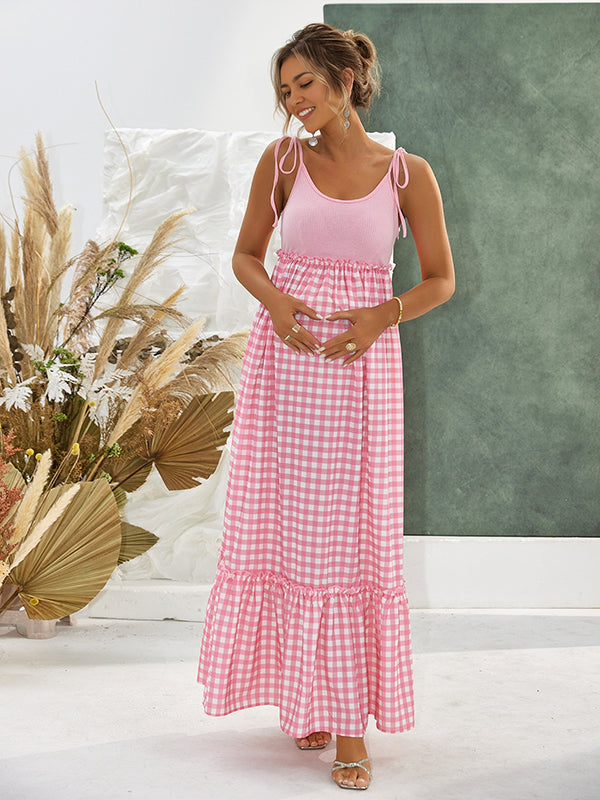 Beaumama robes longue grossesse carreaux strap plissé col rond mignon femme enceinte