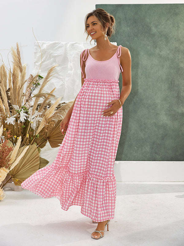 Beaumama robes longue grossesse carreaux strap plissé col rond mignon femme enceinte