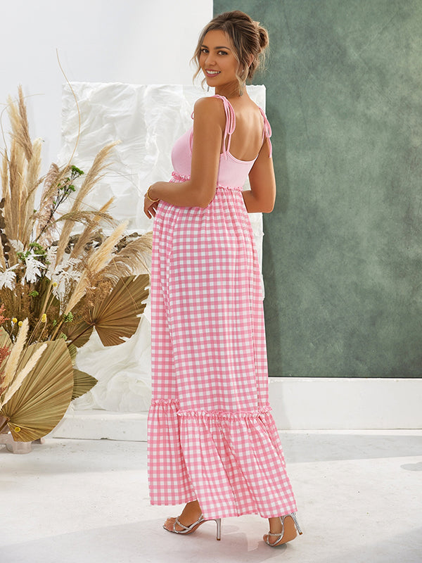 Beaumama robes longue grossesse carreaux strap plissé col rond mignon femme enceinte
