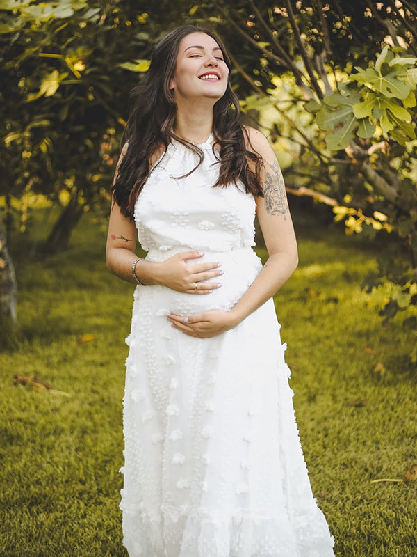 Beaumama robes longue grossesse applique fleur licou sans manches élégant femme enceinte