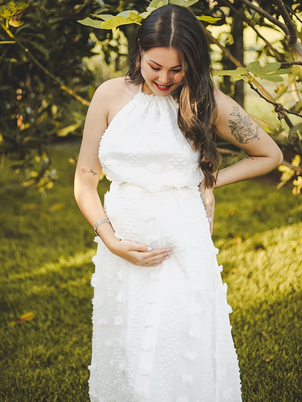Beaumama robes longue grossesse applique fleur licou sans manches élégant femme enceinte