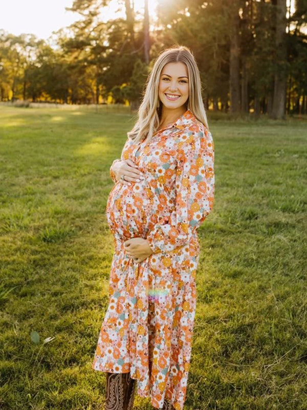 Beaumama robes longue grossesse bohème vacances imprimé fleurie fluide photo femme enceinte