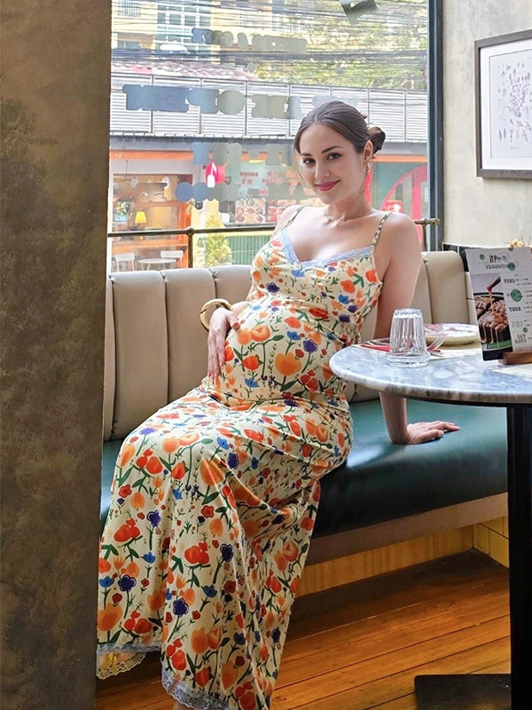 Beaumama robes longue grossesse imprimé fleurie spaghettiträger dos nu femme enceinte orange