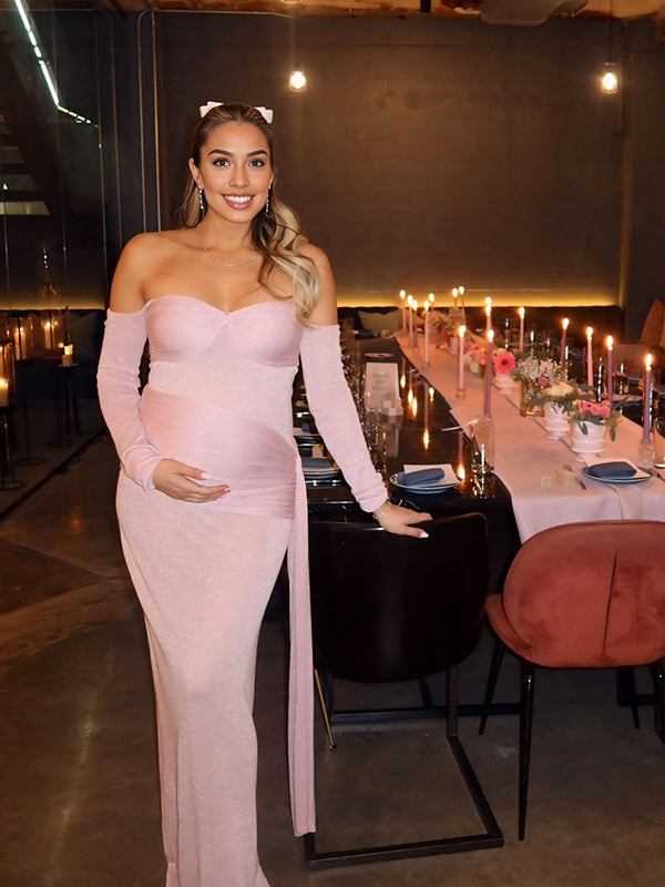 Beaumama robes longue grossesse col bateau bustier ruban plis femme enceinte