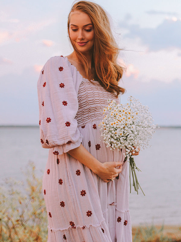 Beaumama robes longue grossesse bohème enceinte shooting imprimé fleurie volants fluide couleur bloc femme enceinte