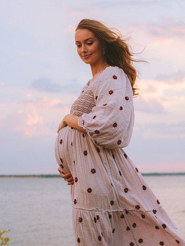 Beaumama robes longue grossesse bohème enceinte shooting imprimé fleurie volants fluide couleur bloc femme enceinte