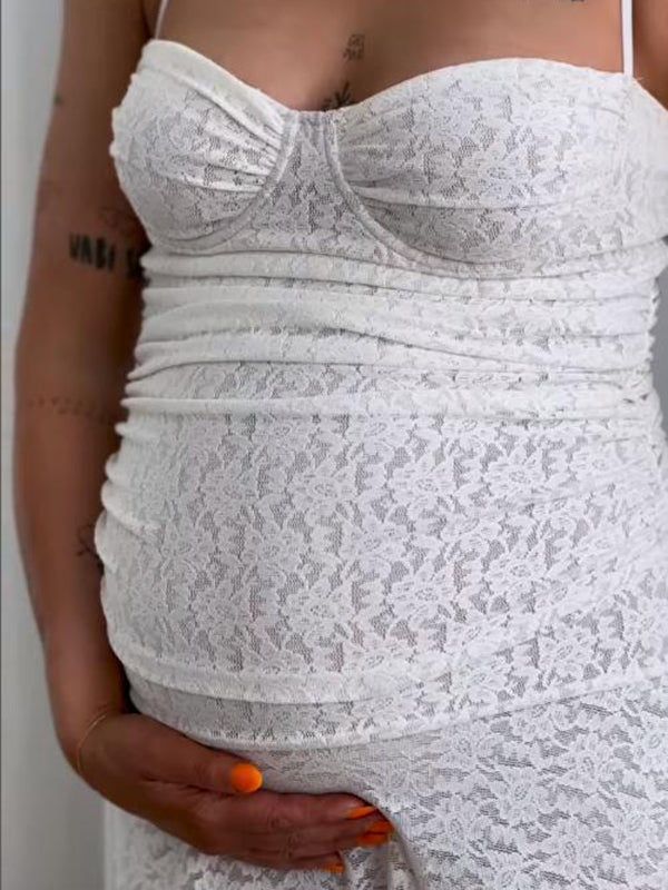 Beaumama robes longue grossesse élégant cérémonie cocktail dentelle fluide spaghettiträger femme enceinte