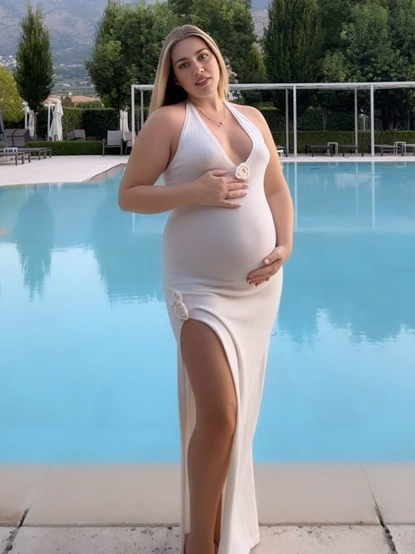 Beaumama robes longue grossesse élégant vacances crochet tricot fendu le côté 3D fleurie licou dos nu femme enceinte