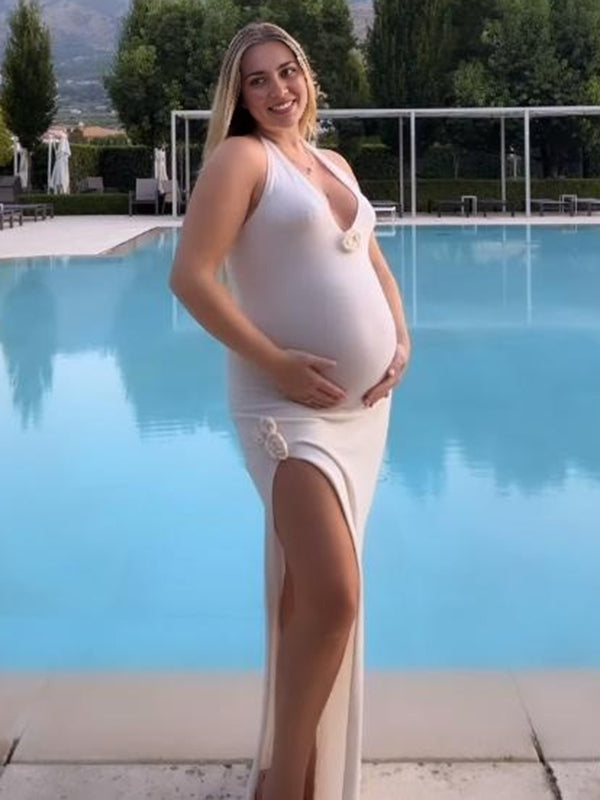 Beaumama robes longue grossesse élégant vacances crochet tricot fendu le côté 3D fleurie licou dos nu femme enceinte