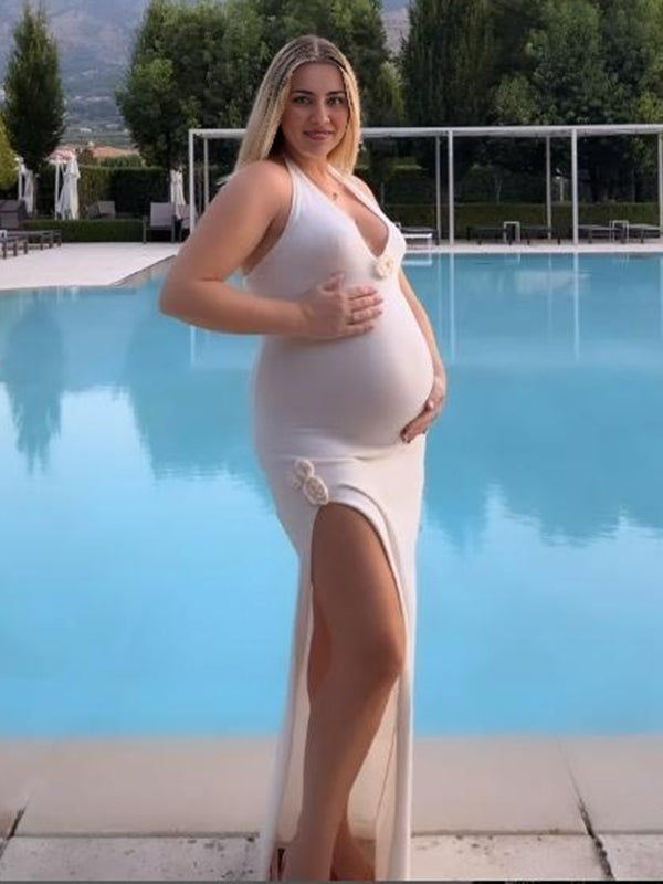 Beaumama robes longue grossesse élégant vacances crochet tricot fendu le côté 3D fleurie licou dos nu femme enceinte