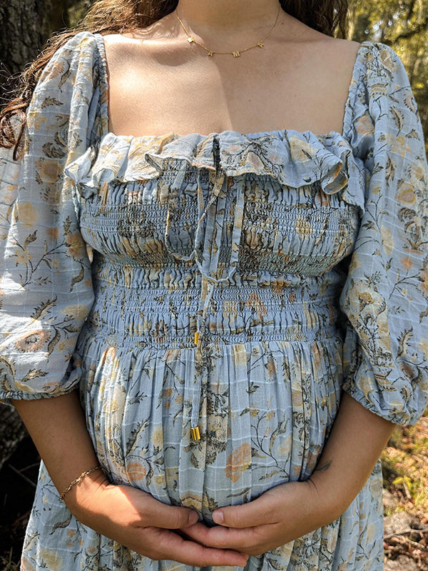 Beaumama robes longue grossesse élégant enceinte shooting imprimé fleurie volants fluide coulisse taille femme enceinte