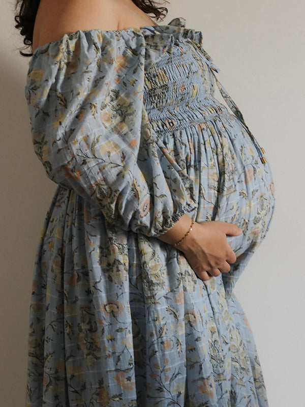 Beaumama robes longue grossesse élégant enceinte shooting imprimé fleurie volants fluide coulisse taille femme enceinte