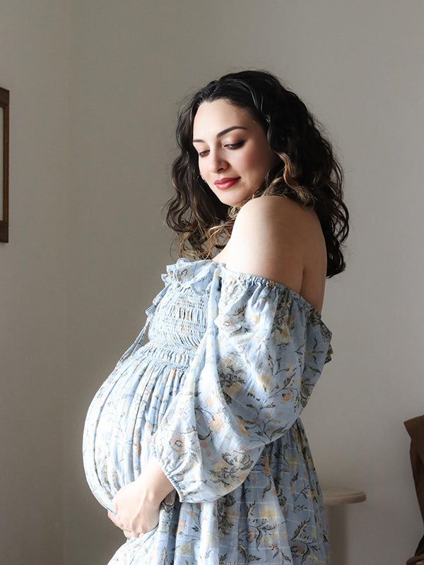 Beaumama robes longue grossesse élégant enceinte shooting imprimé fleurie volants fluide coulisse taille femme enceinte