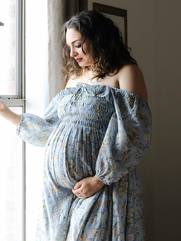 Beaumama robes longue grossesse élégant enceinte shooting imprimé fleurie volants fluide coulisse taille femme enceinte