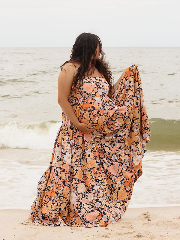 Beaumama robes photo longue grossesse élégant bohème imprimé fleurie fluide dos nu spaghettiträger femme enceinte
