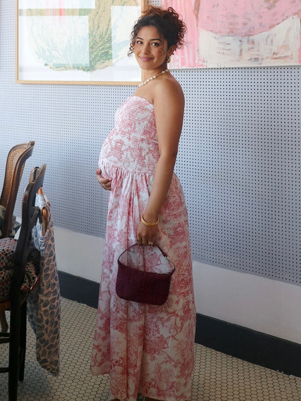 Beaumama robes longue grossesse élégant cocktail imprimé fleurie plissé fluide spaghettiträger femme enceinte