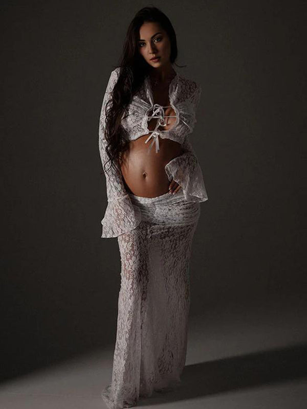 Beaumama robes photo longue grossesse élégant costume deux pièces dentelle nœud papillon femme enceinte