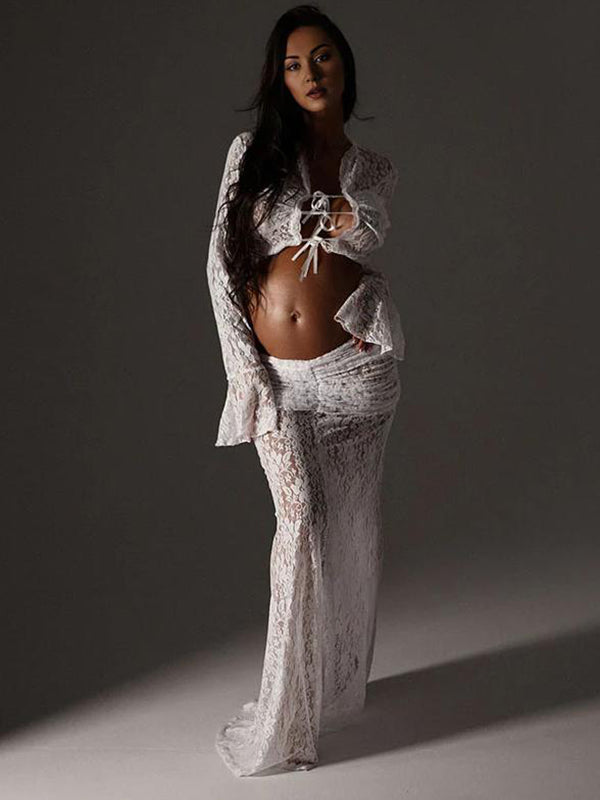 Beaumama robes photo longue grossesse élégant costume deux pièces dentelle nœud papillon femme enceinte