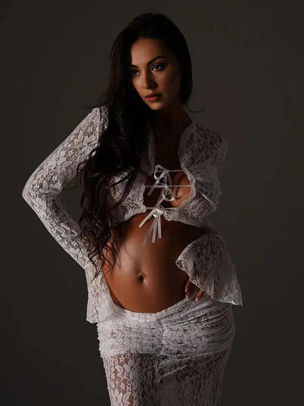 Beaumama robes photo longue grossesse élégant costume deux pièces dentelle nœud papillon femme enceinte