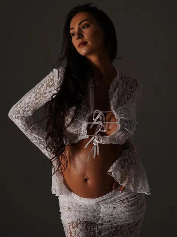 Beaumama robes photo longue grossesse élégant costume deux pièces dentelle nœud papillon femme enceinte