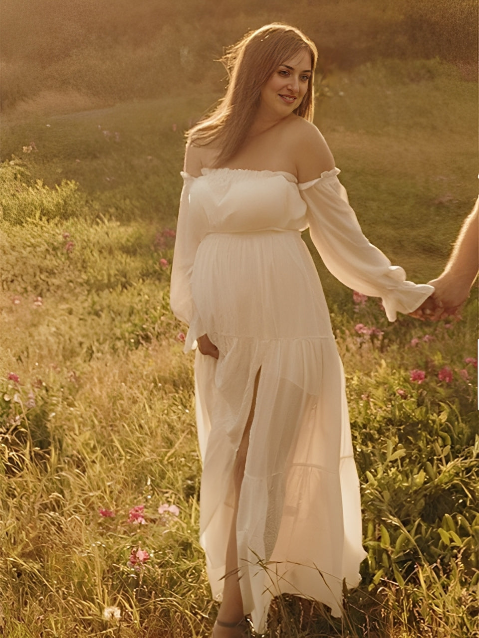 Beaumama robes longue grossesse épaules dénudées fluide fendu le côté femme enceinte