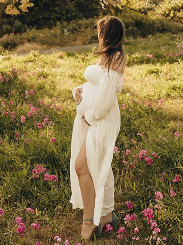Beaumama robes longue grossesse épaules dénudées fluide fendu le côté femme enceinte