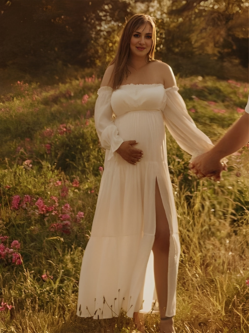 Beaumama robes longue grossesse épaules dénudées fluide fendu le côté femme enceinte