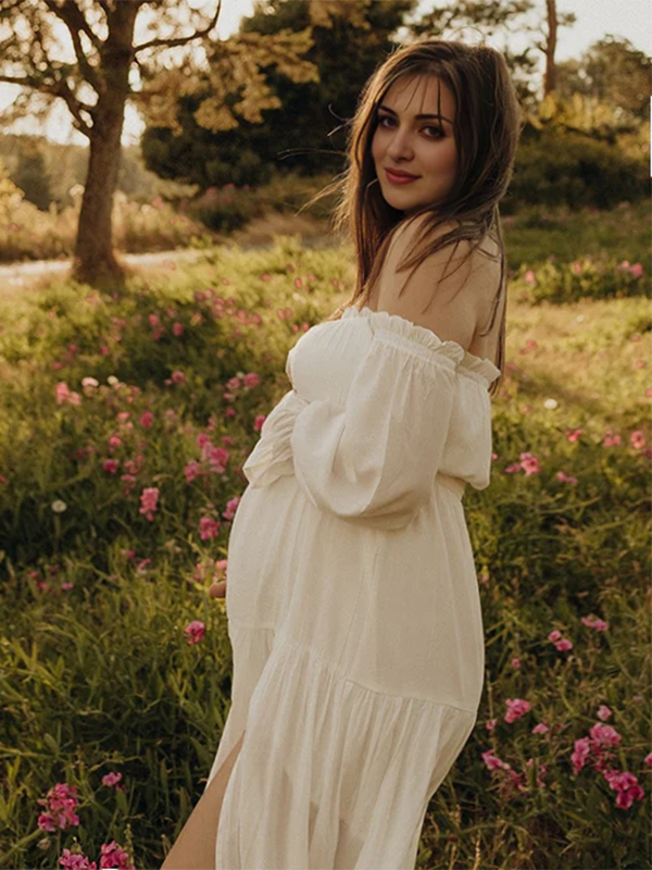 Beaumama robes longue grossesse épaules dénudées fluide fendu le côté femme enceinte