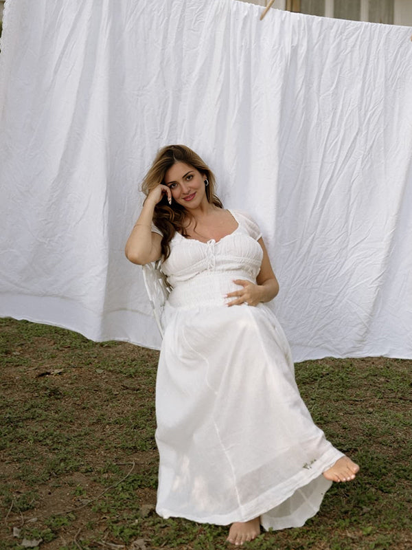 Beaumama robes longue grossesse dos nu coulisse taille manches bouffantes vacances femme enceinte