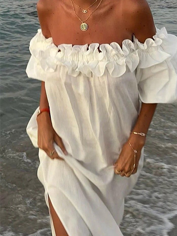 Beaumama robes longue grossesse épaules dénudées manches bouffantes fendu le côté femme enceinte
