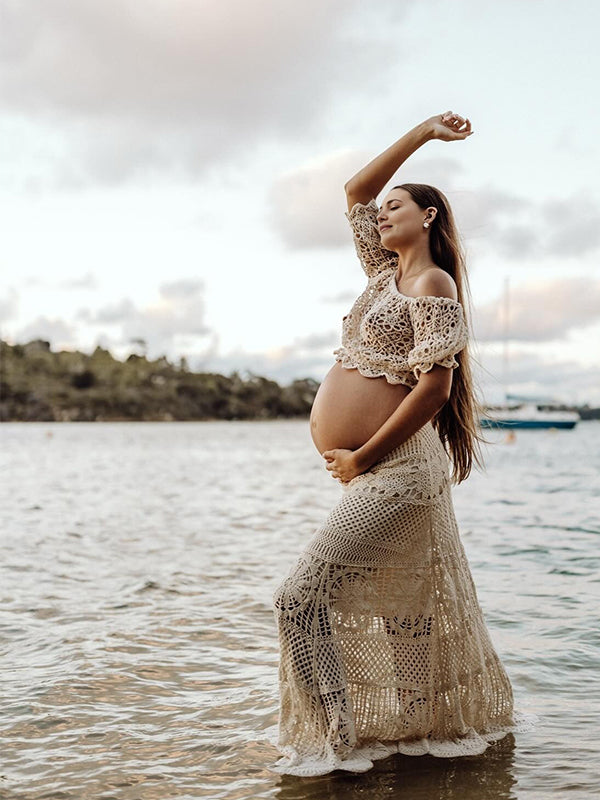 Beaumama robes longue grossesse dentelle découpe bohème enceinte shooting femme enceinte