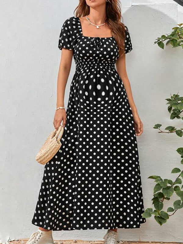 Beaumama robes longue grossesse élégant vacances pois coulisse taille trapèze fluide femme enceinte