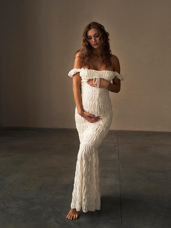 Beaumama robes longue grossesse chic cocktail moulante sirene plissé déchiré troué épaule dénudée photo femme enceinte