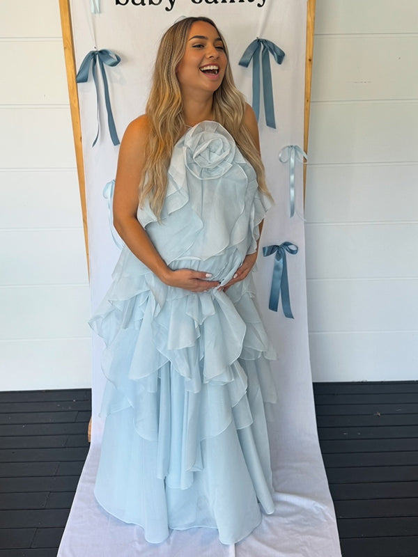 Beaumama robes longue grossesse élégant cérémonie froufrou volants irrégulier 3D fleurie licou femme enceinte