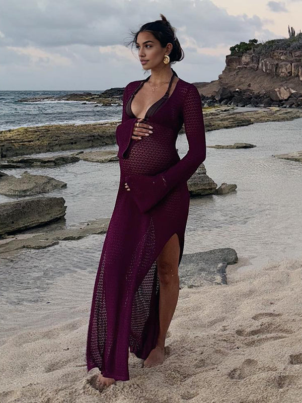 Beaumama robes longue grossesse bohème chic plage crochet tricot découpe fendu le côté femme enceinte
