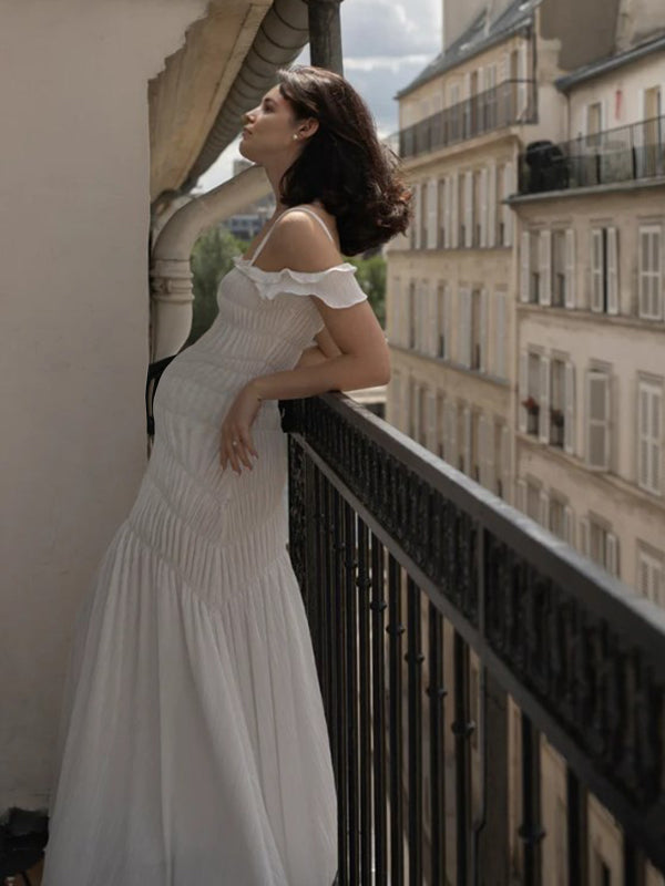 Beaumama robes longue grossesse élégant chic épaule dénudée volants plissé fluide femme enceinte