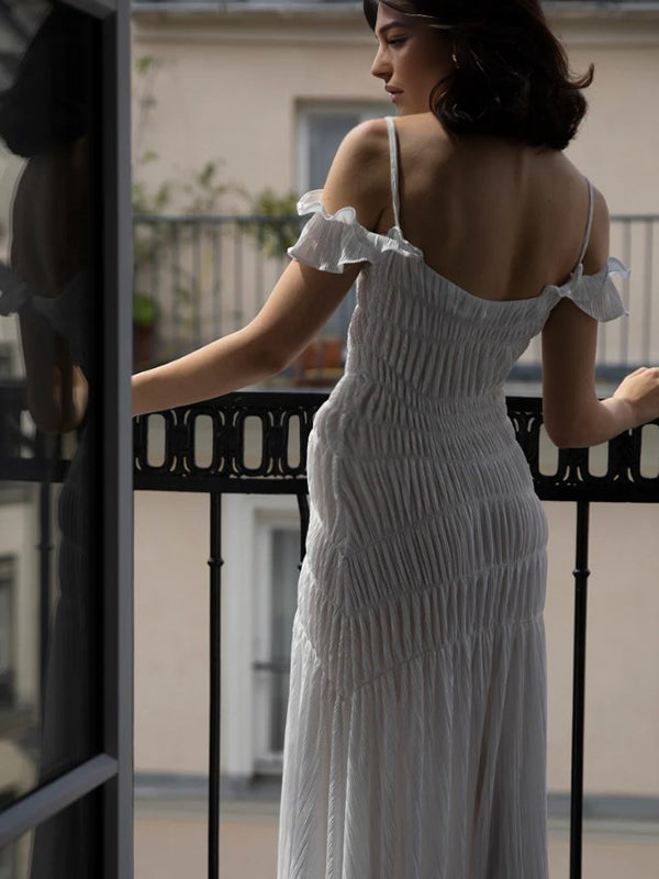 Beaumama robes longue grossesse élégant chic épaule dénudée volants plissé fluide femme enceinte
