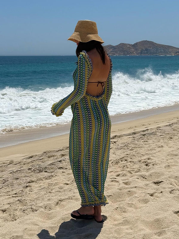 Beaumama robes longue grossesse chic plage rayé couleur bloc ruchés froncées dos nu femme enceinte