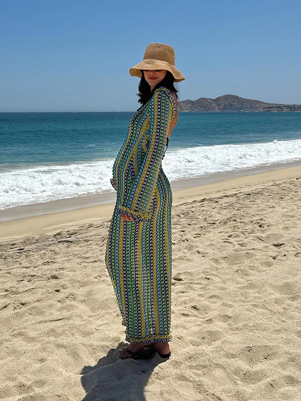Beaumama robes longue grossesse chic plage rayé couleur bloc ruchés froncées dos nu femme enceinte