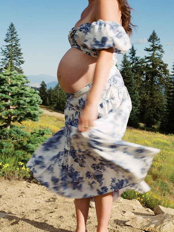 Beaumama robes photo longue grossesse élégant chic imprimé fleurie épaule dénudée fluide trapèze 2 pièces femme enceinte