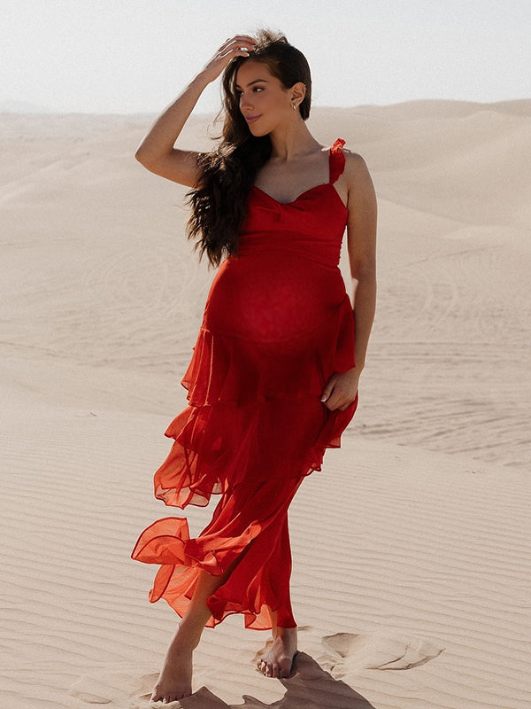 Beaumama robes photo longue grossesse élégant chic mousseline fendu le côté froufrou dos nu femme enceinte
