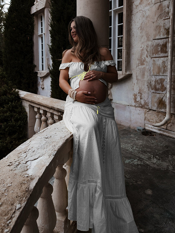 Beaumama robes photo longue grossesse élégant chic guipure dentelle coulisse taille fluide fente avant 2 pièces femme enceinte
