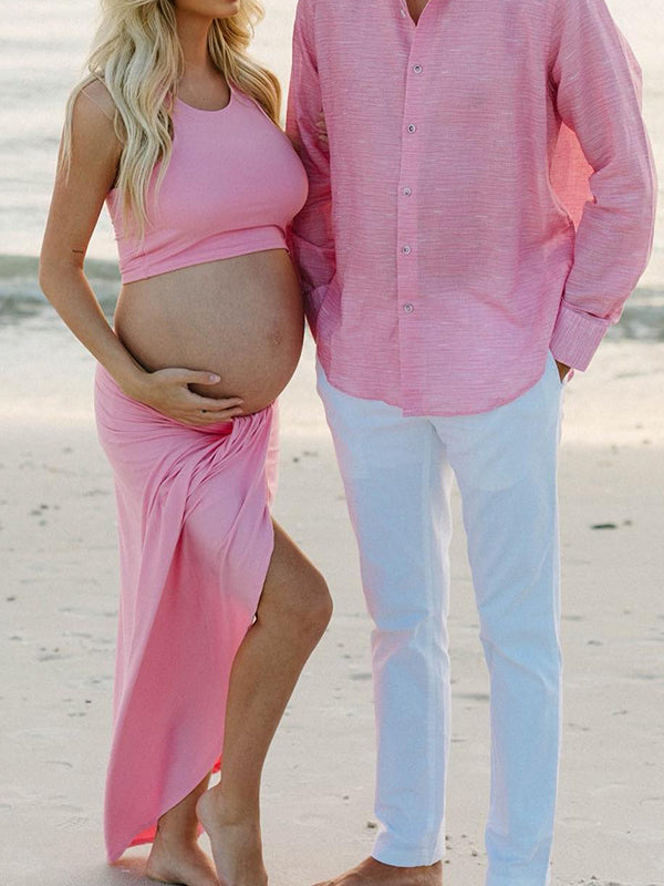 Beaumama robes photo longue grossesse élégant chic irrégulier fendu le côté costume deux pièces femme enceinte