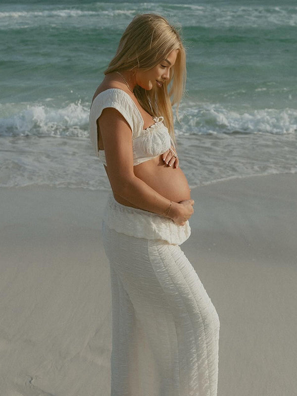 Beaumama robes photo longue grossesse élégant chic plissé coulisse taille moulante costume deux pièces femme enceinte