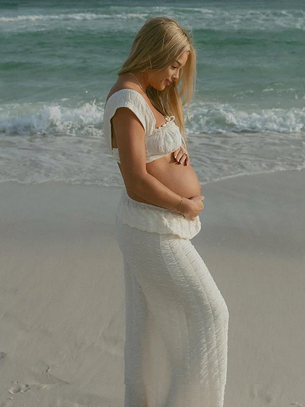 Beaumama robes photo longue grossesse élégant chic plissé coulisse taille moulante costume deux pièces femme enceinte