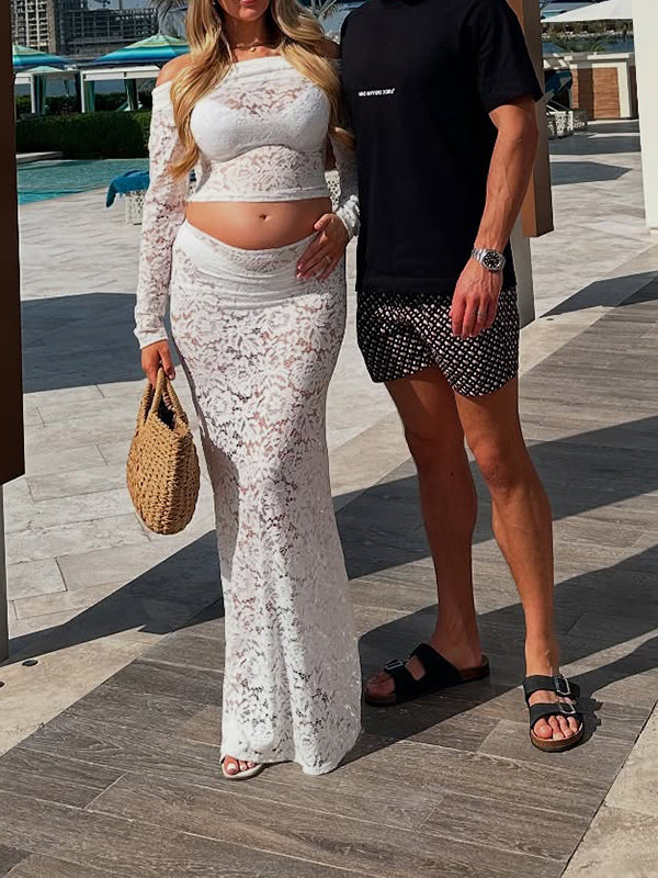 Beaumama robes longue grossesse chic vacances dentelle épaule dénudée moulante 2 pièces femme enceinte
