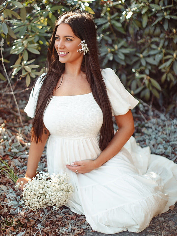 Beaumama robes photo longue grossesse chic volants plissé fluide trapèze épissage manches bouffantes femme enceinte