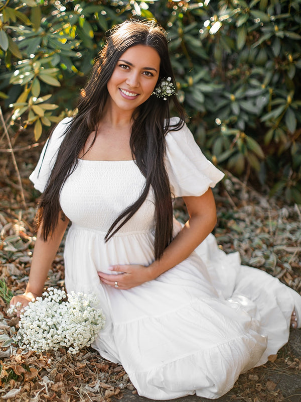 Beaumama robes photo longue grossesse chic volants plissé fluide trapèze épissage manches bouffantes femme enceinte