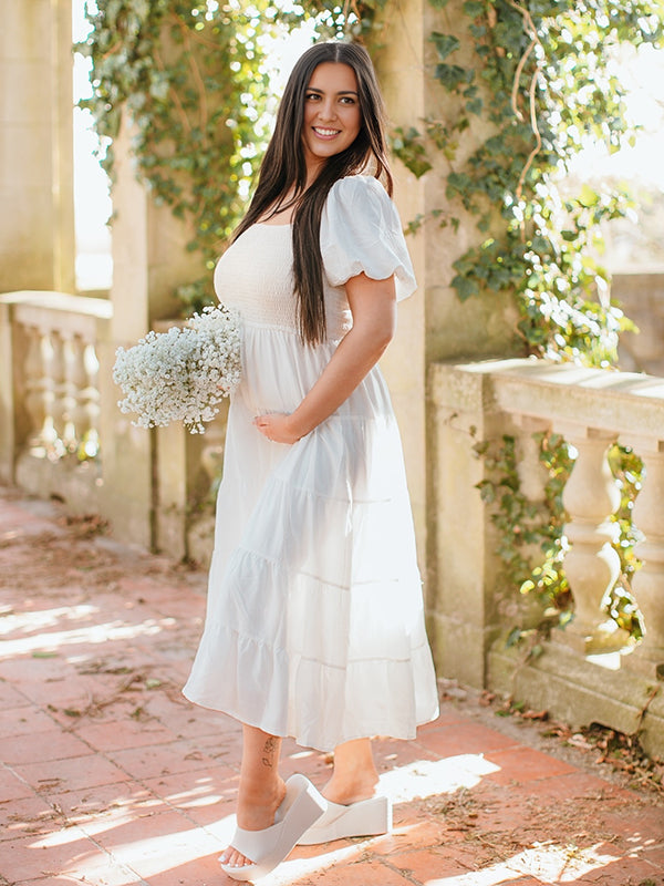 Beaumama robes photo longue grossesse chic volants plissé fluide trapèze épissage manches bouffantes femme enceinte